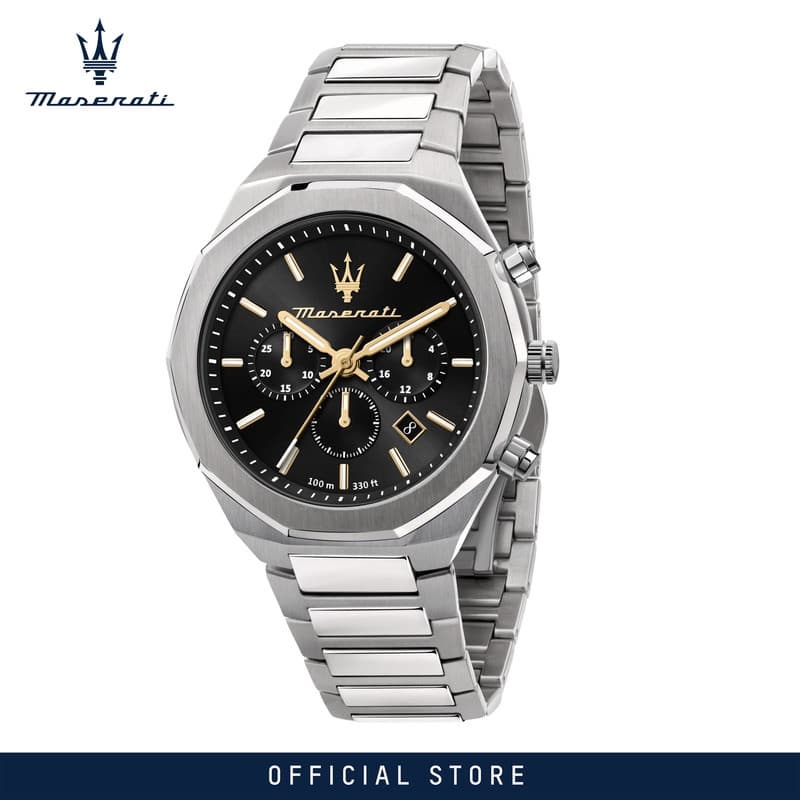 【2 Years Warranty】 Maserati Stile 45mm Black Sunray Dial Men's Chronograph Quartz นาฬิกาข้อมือ R8873642010 With Luminous Dial Hands