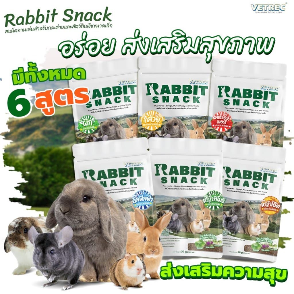 สินค้าใหม่ !! Vetrec Rabbit Snack (30g.) ขนมเชิงสุขภาพสำหรับสัตว์กินพืชขนาดเล็ก,กระต่าย 30 กรัม 3ชิ้น (6 รสชาติ)